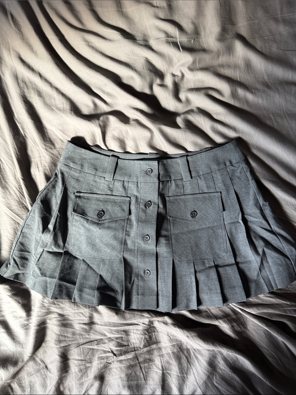 Sunday Best Pleated Button-Front Mini Skirt in Charcoal